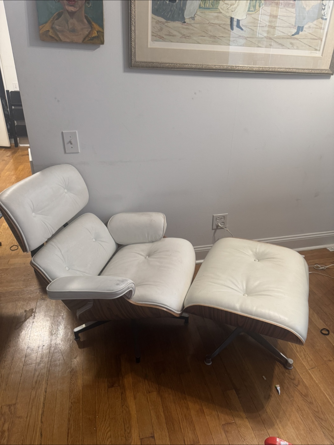 $150 Eames Replica Lounge Chair and Ottoman - White Leather