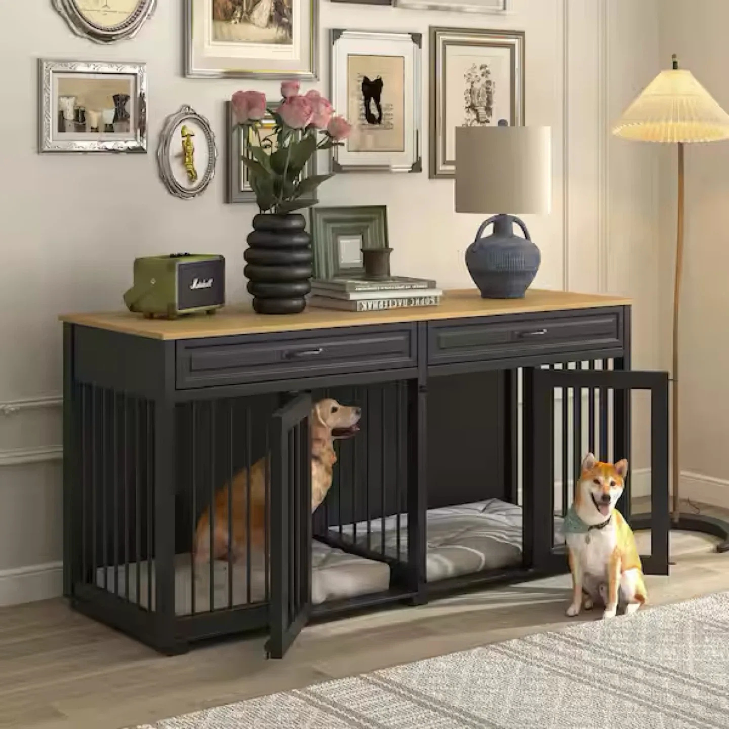 Black Wood Storage Cabinet with Dog Crate (New) image indicator(9)