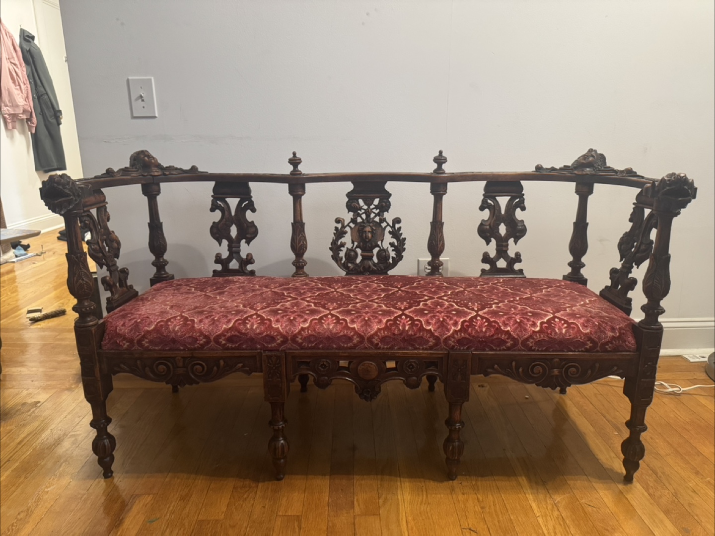 Antique Settee Bench with Ornate Carvings
