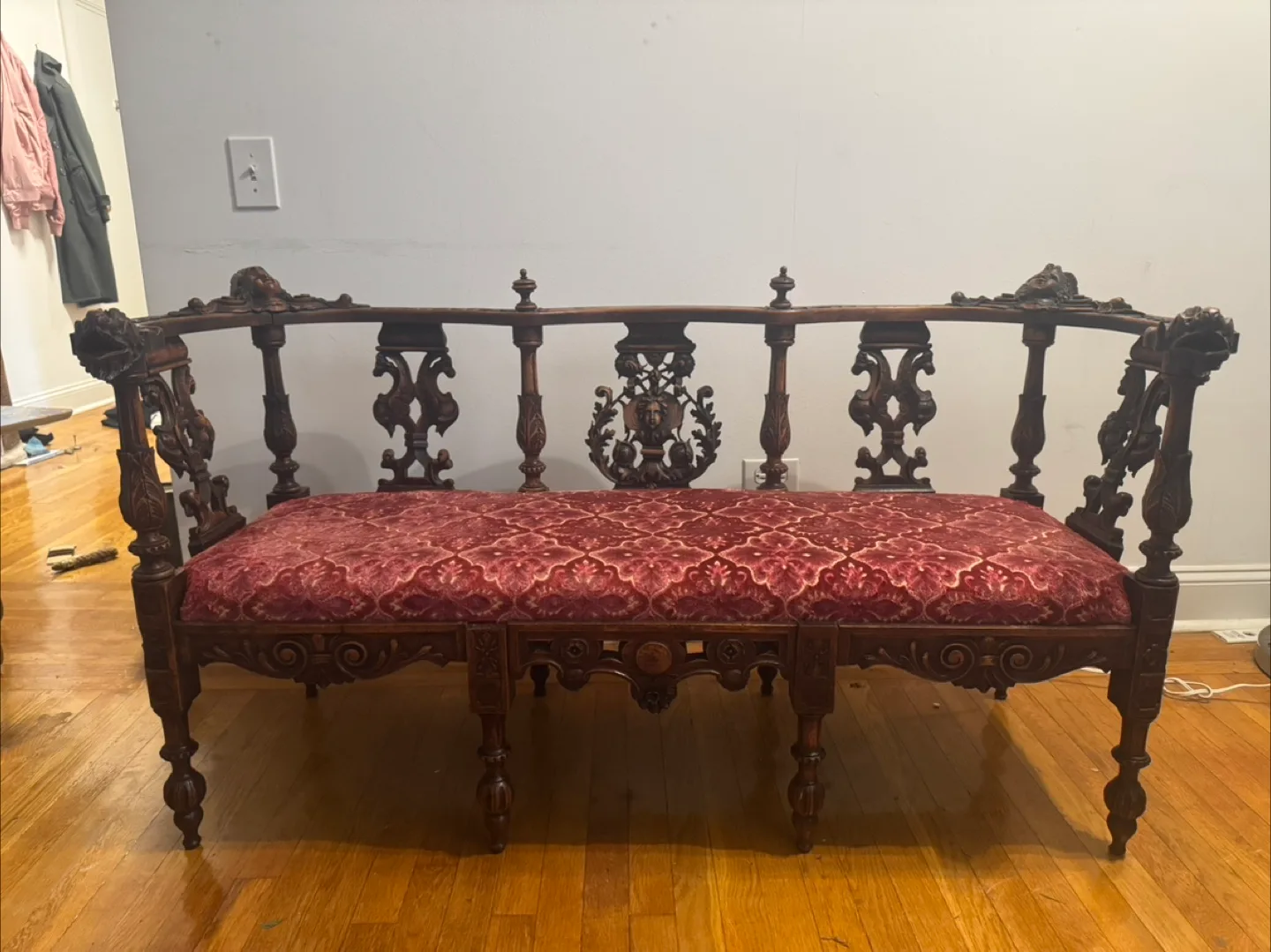 Antique Settee Bench with Ornate Carvings thumbnail