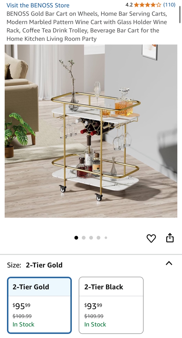 BENOSS Gold Bar Cart - 2 Tier on Wheels