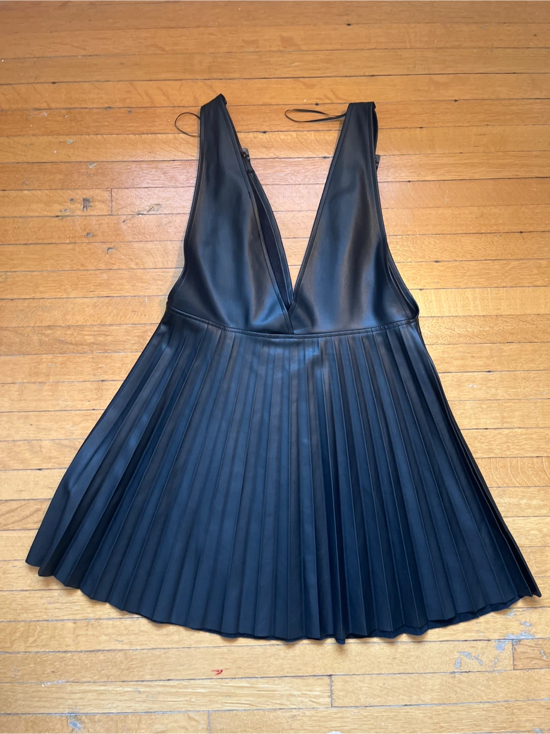 Black Faux Leather Pleated Mini Dress - photo 2