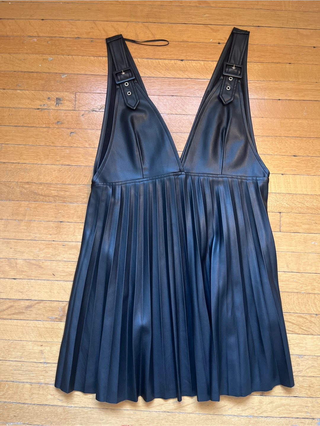 Black Faux Leather Pleated Mini Dress