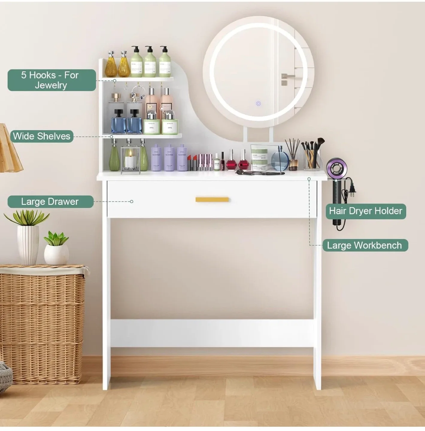 Vanity Makeup Table with Lighted Mirror - White image indicator(7)