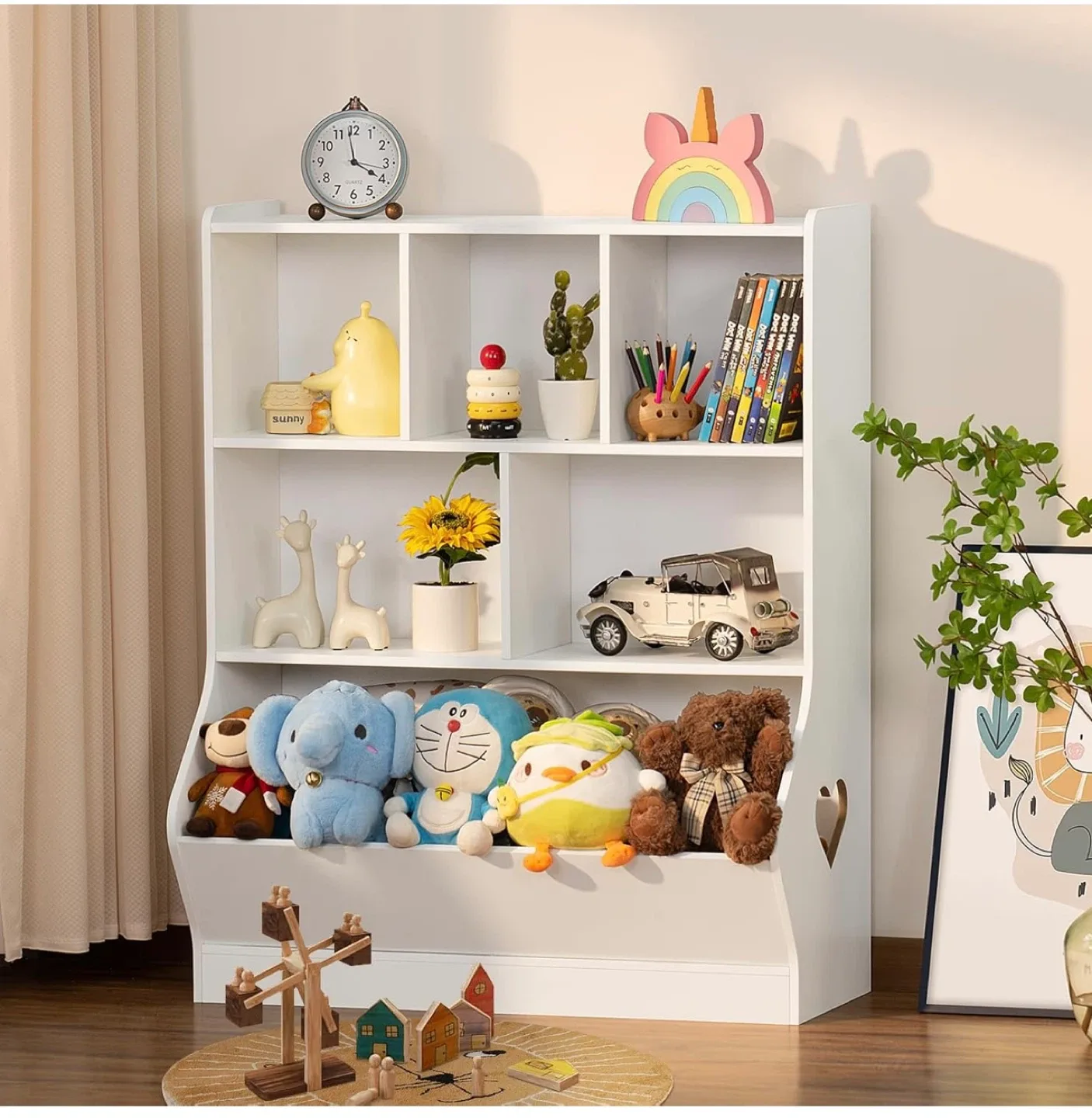 Kids White Bookshelf with Toy Storage image indicator(5)