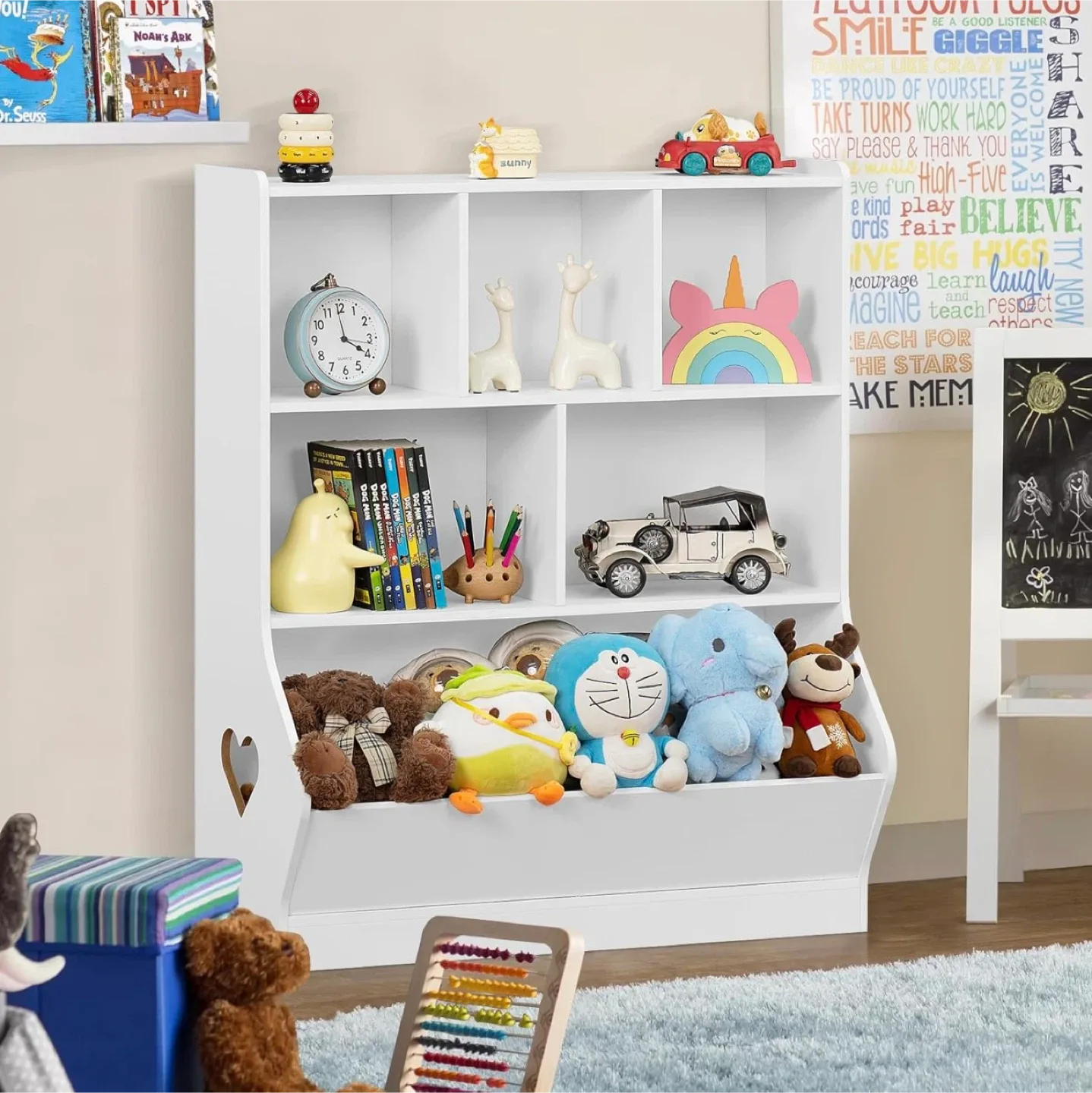 Kids White Bookshelf with Toy Storage image indicator(4)