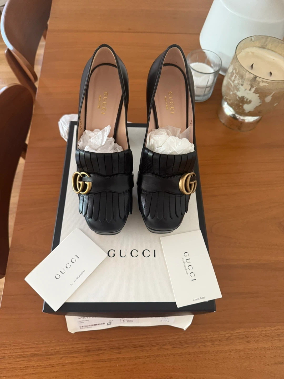 Gucci Malaga Black Leather Fringe Platform Pumps - Size 7