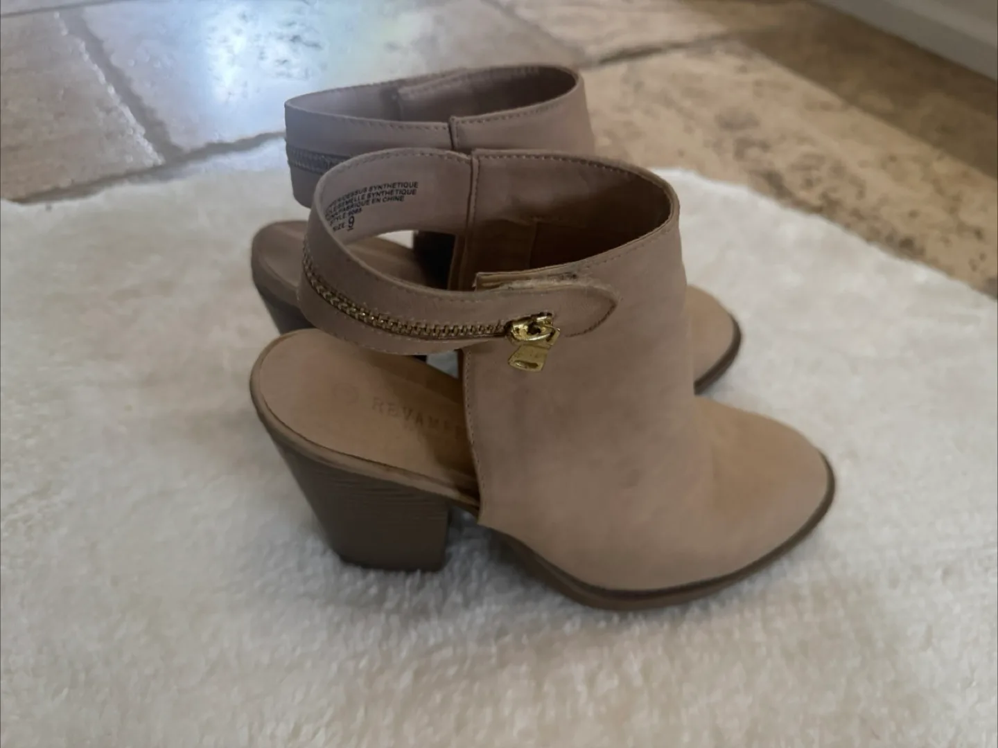 Revamped Fashion Beige Heeled Booties Size 6 thumbnail