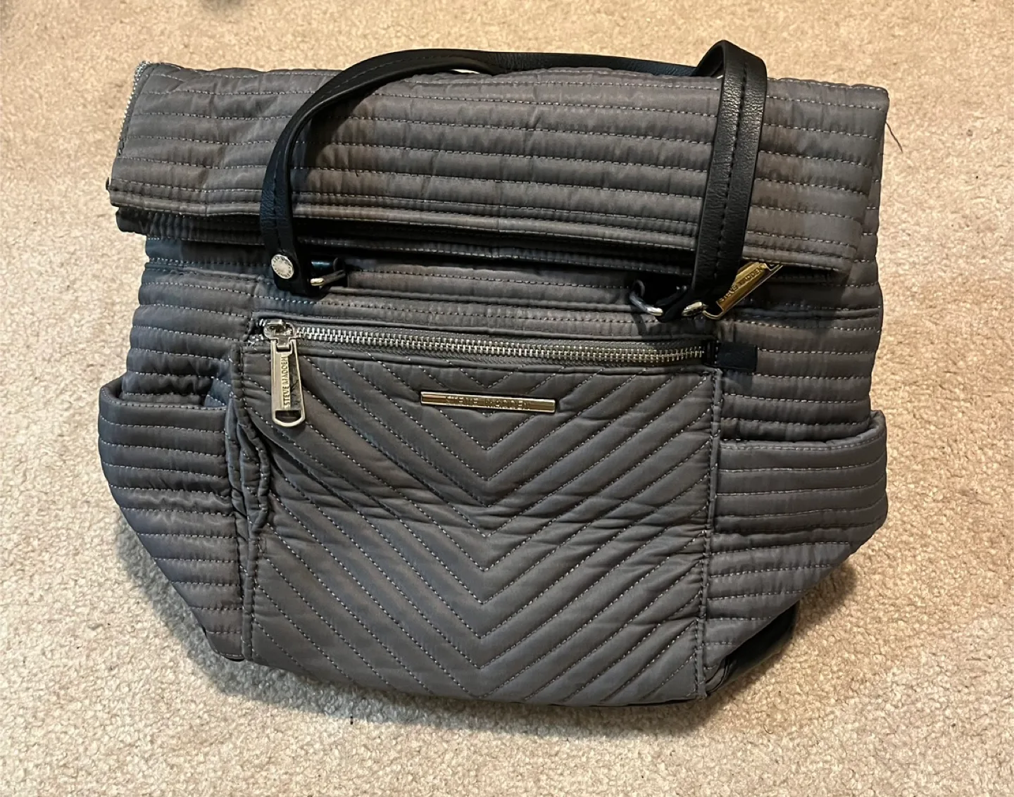 Steve Madden Quilted Nylon Backpack Tote Bag, Gray and Black image indicator(3)