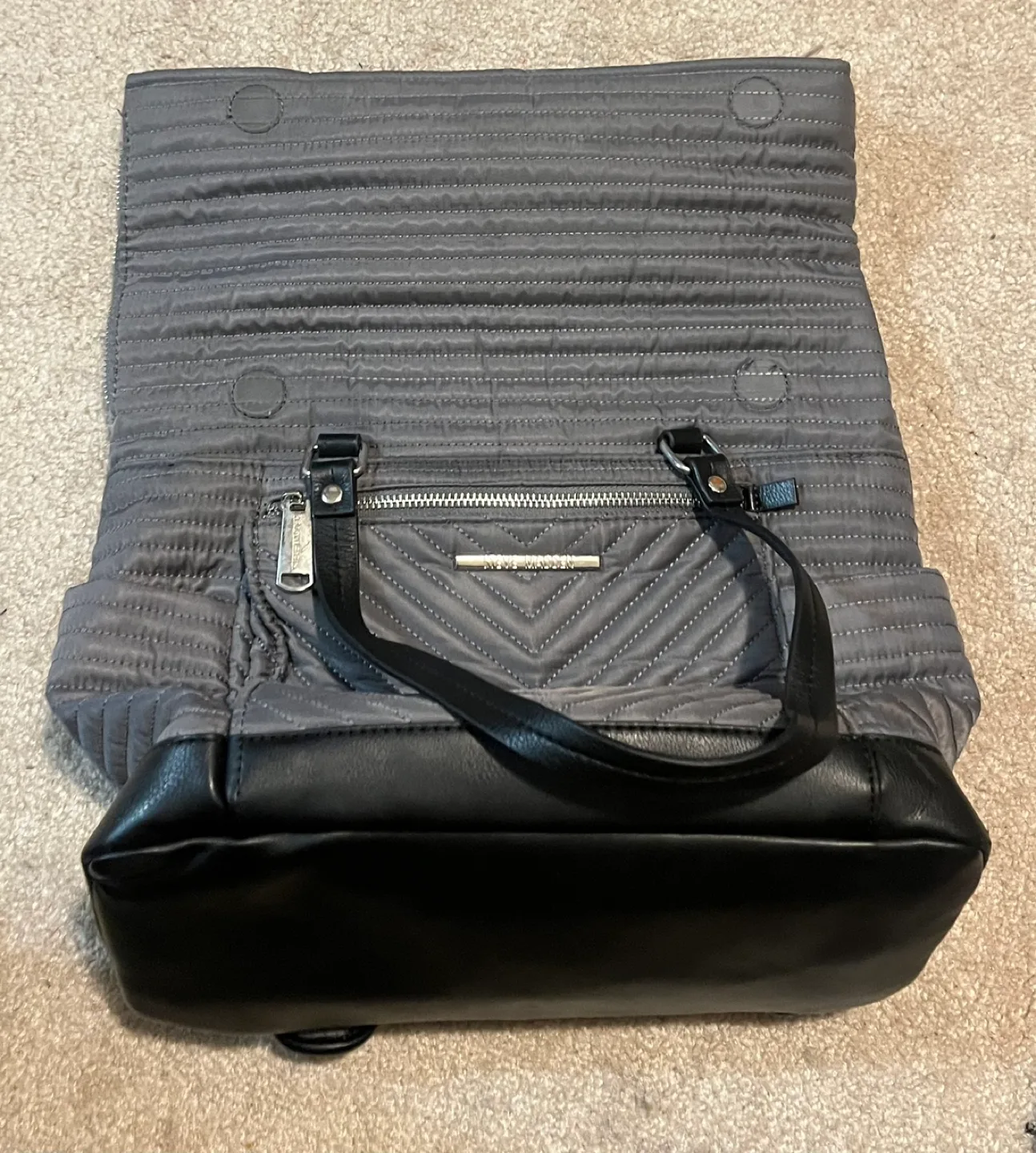 Steve Madden Quilted Nylon Backpack Tote Bag, Gray and Black image indicator(4)