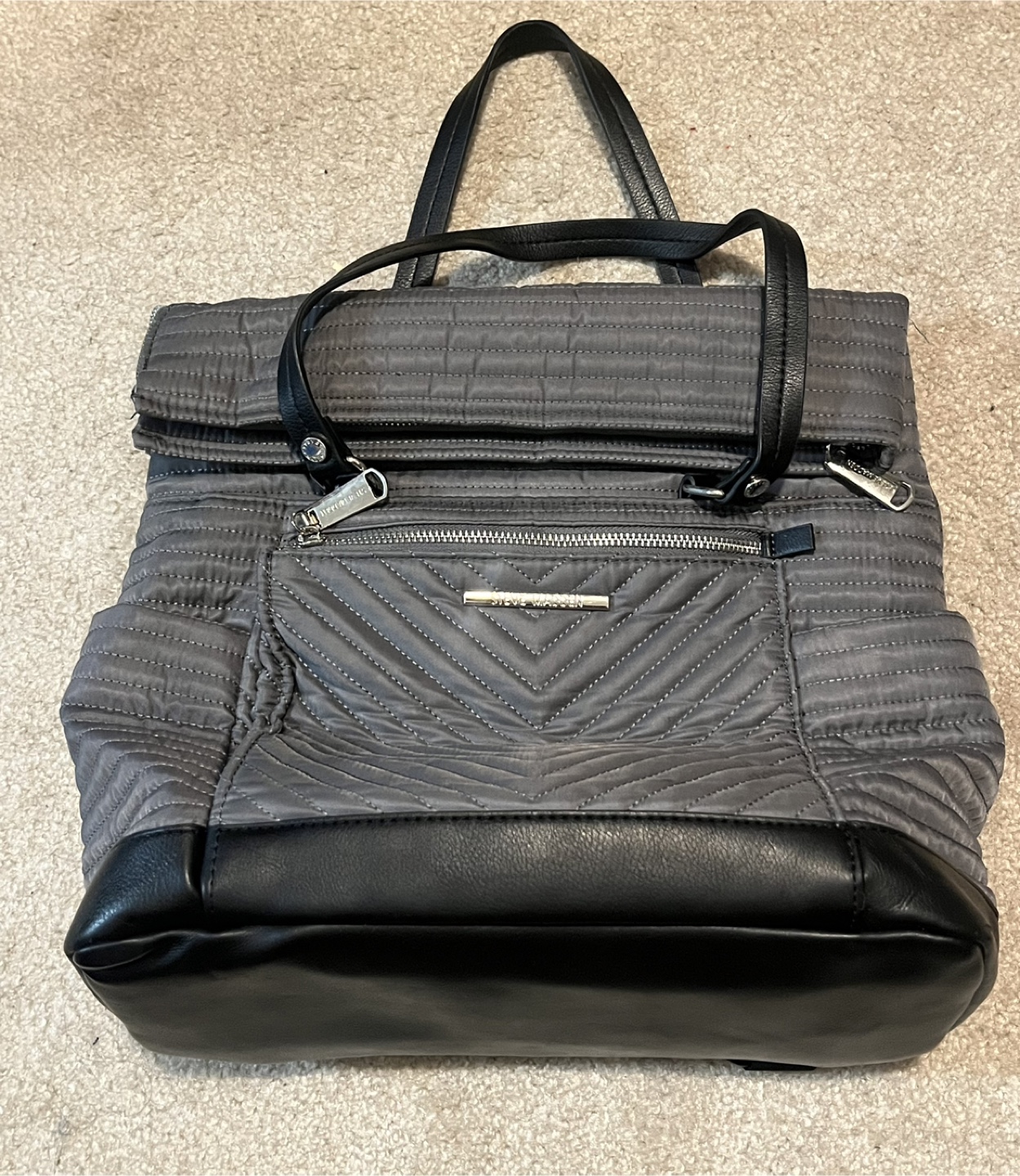 Steve Madden Quilted Nylon Backpack Tote Bag, Gray and Black