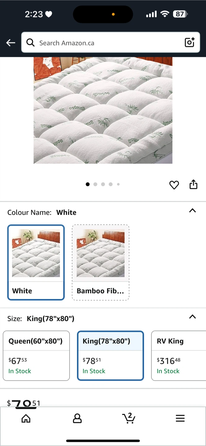King Size Woodmap Bamboo Mattress Topper - White