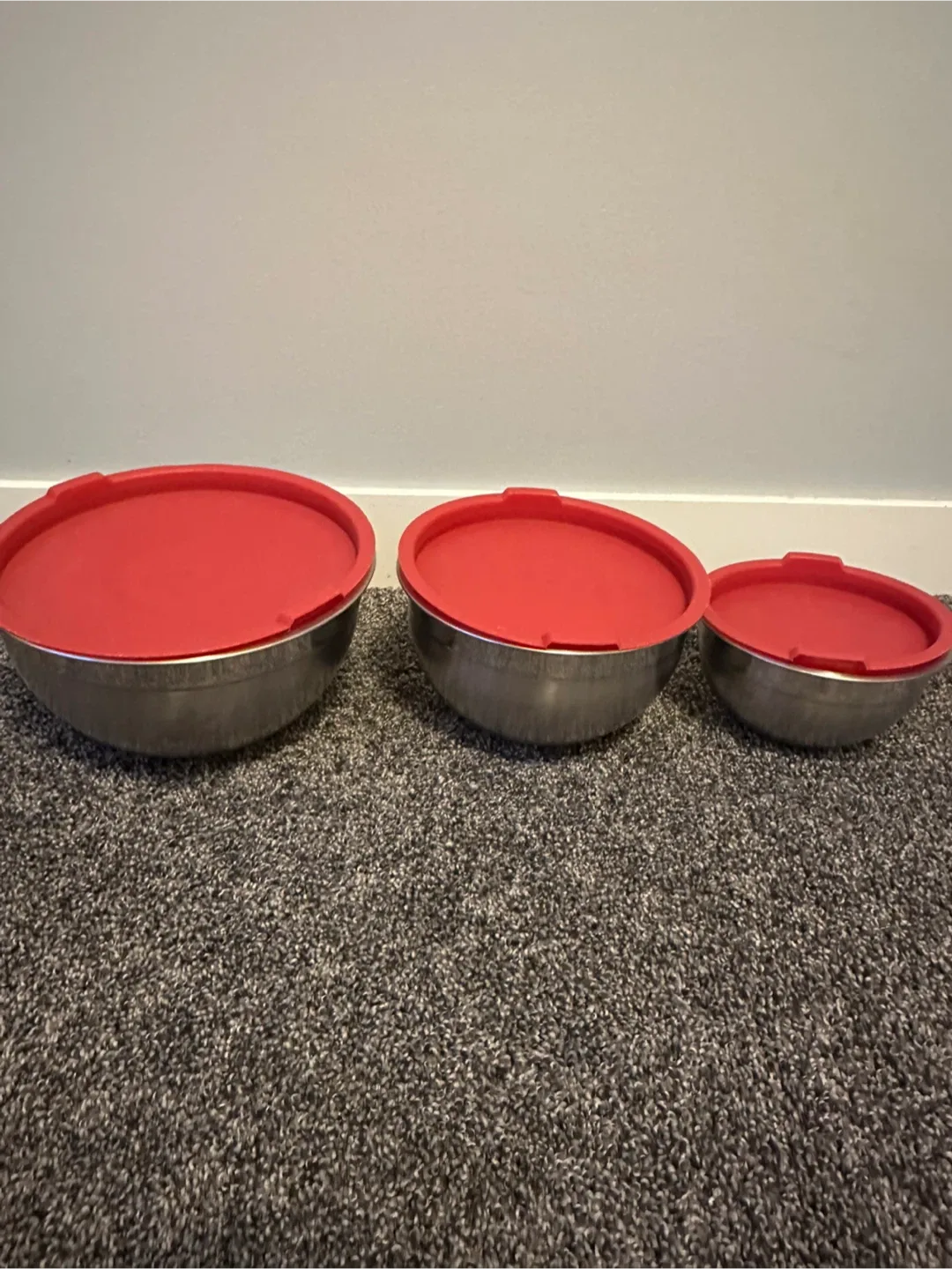 Stainless Steel Mixing Bowls with Red Lids - Set of 3 thumbnail