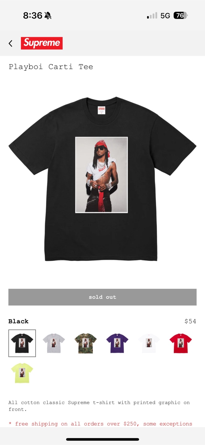 【XL】Supreme Playboi Carti Tee Black Supreme x Playboi Carti Tee (Black) - XL (Brand New from