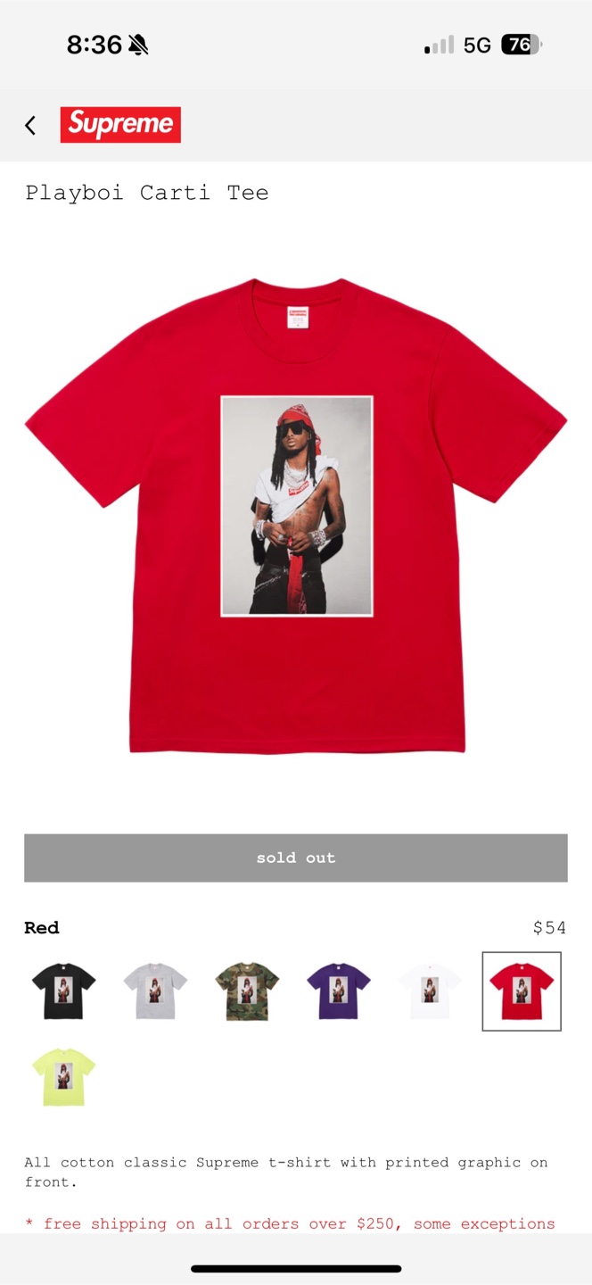 【XL】Supreme Playboi Carti Tee Black Supreme x Playboi Carti Tee (Black) - XL (Brand New from