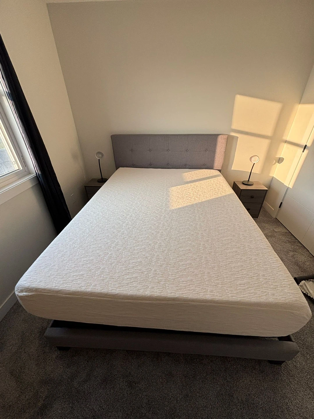 Bed frame with headboard and nightstand and mattress