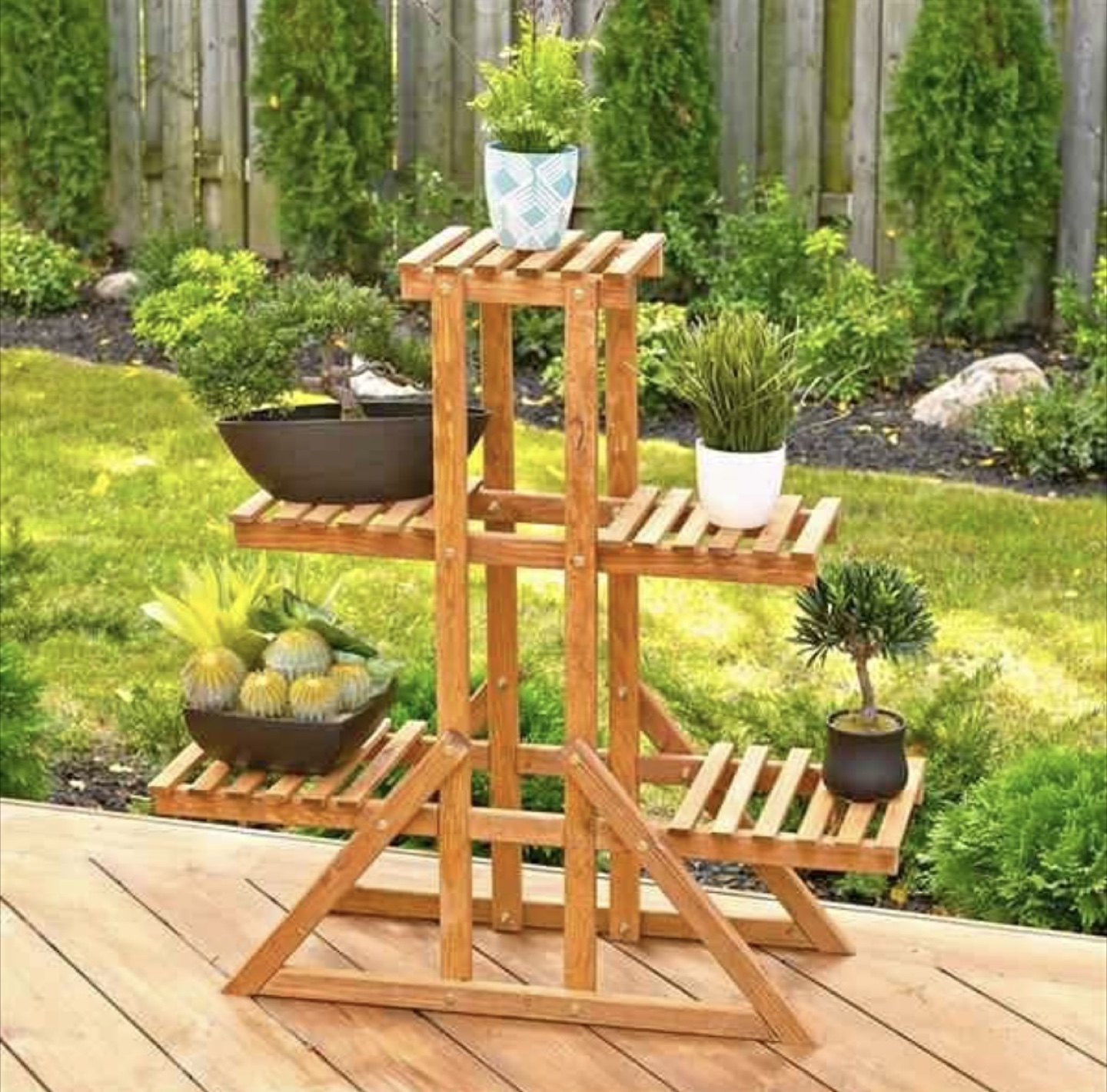 3-Tier Plant Stand – Solid Wood, Brown