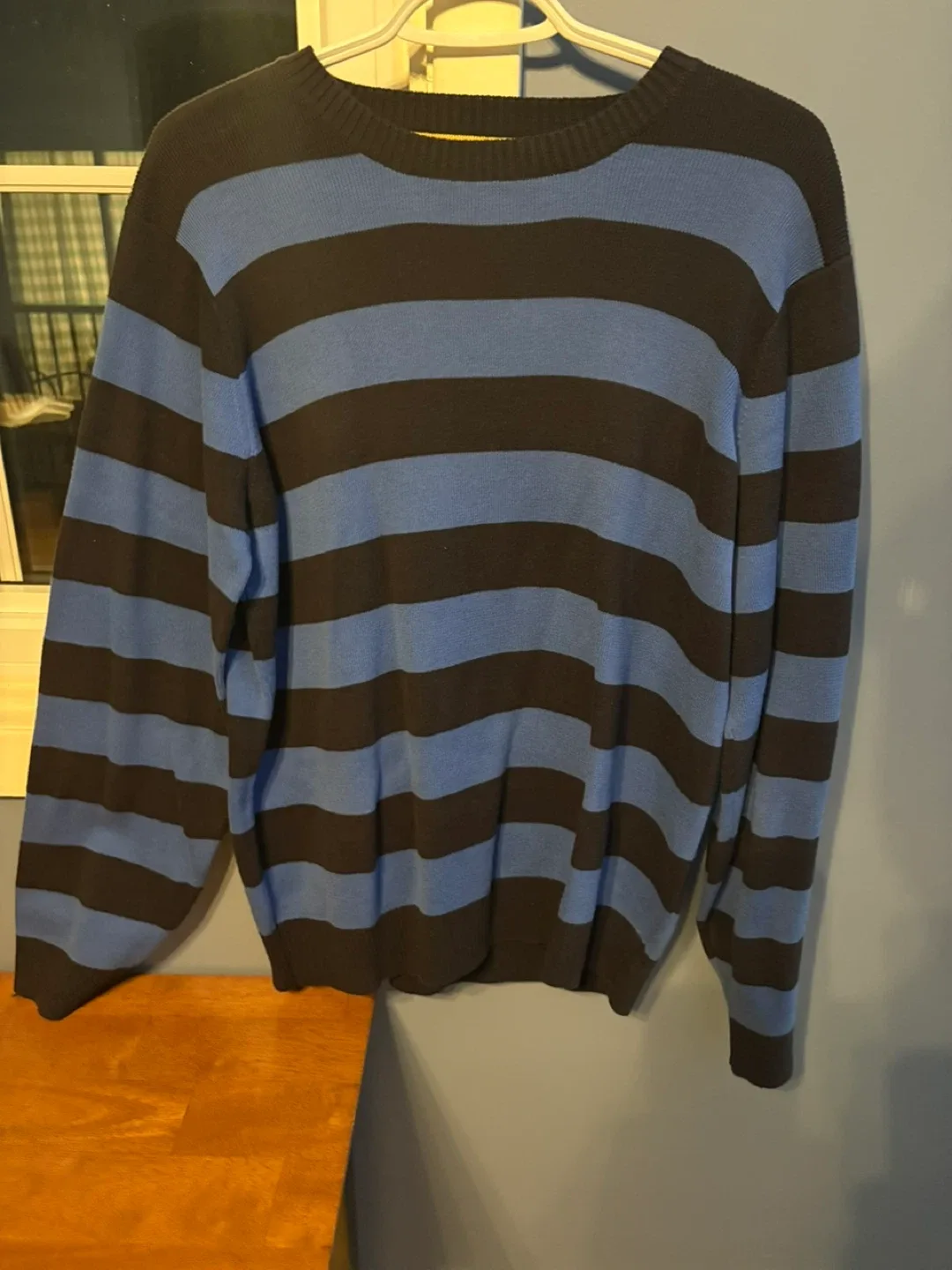 Striped Crew Neck Sweater, Blue & Brown thumbnail