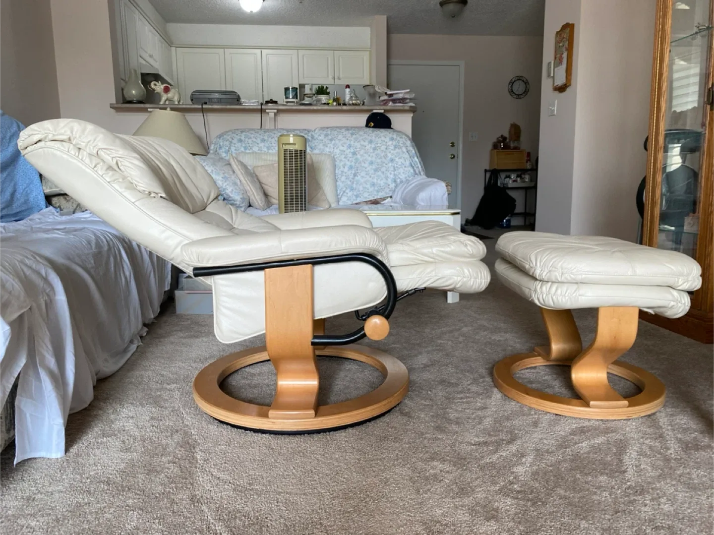 Stressless Cream Leather Recliner Chair with Ottoman image indicator(2)