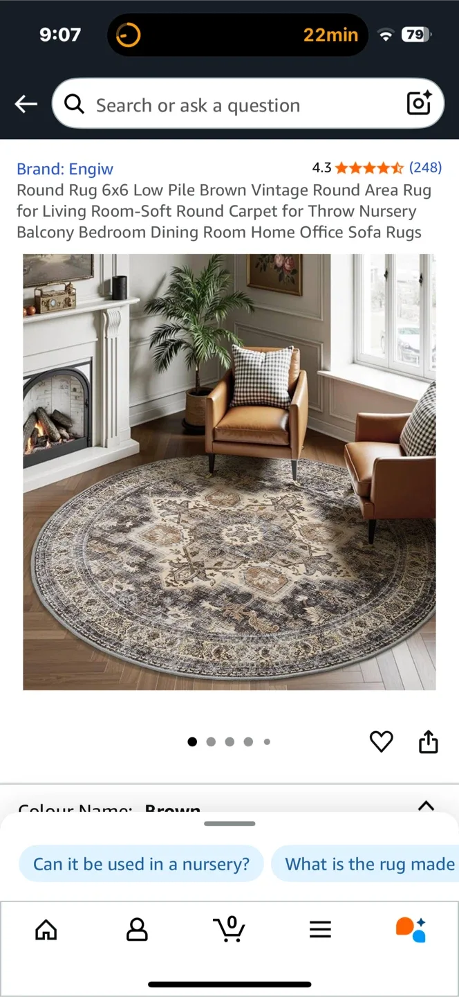 Engiw 6x6 Low Pile Vintage Round Area Rug - Brown thumbnail