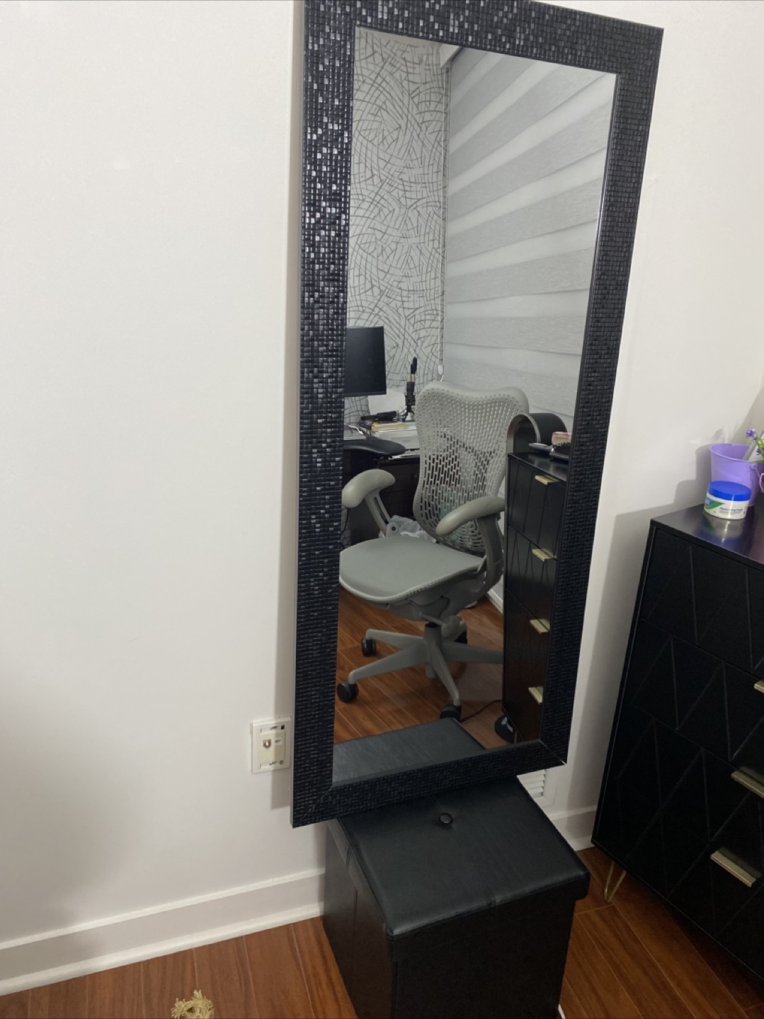 Black Framed Mirror with Ottoman