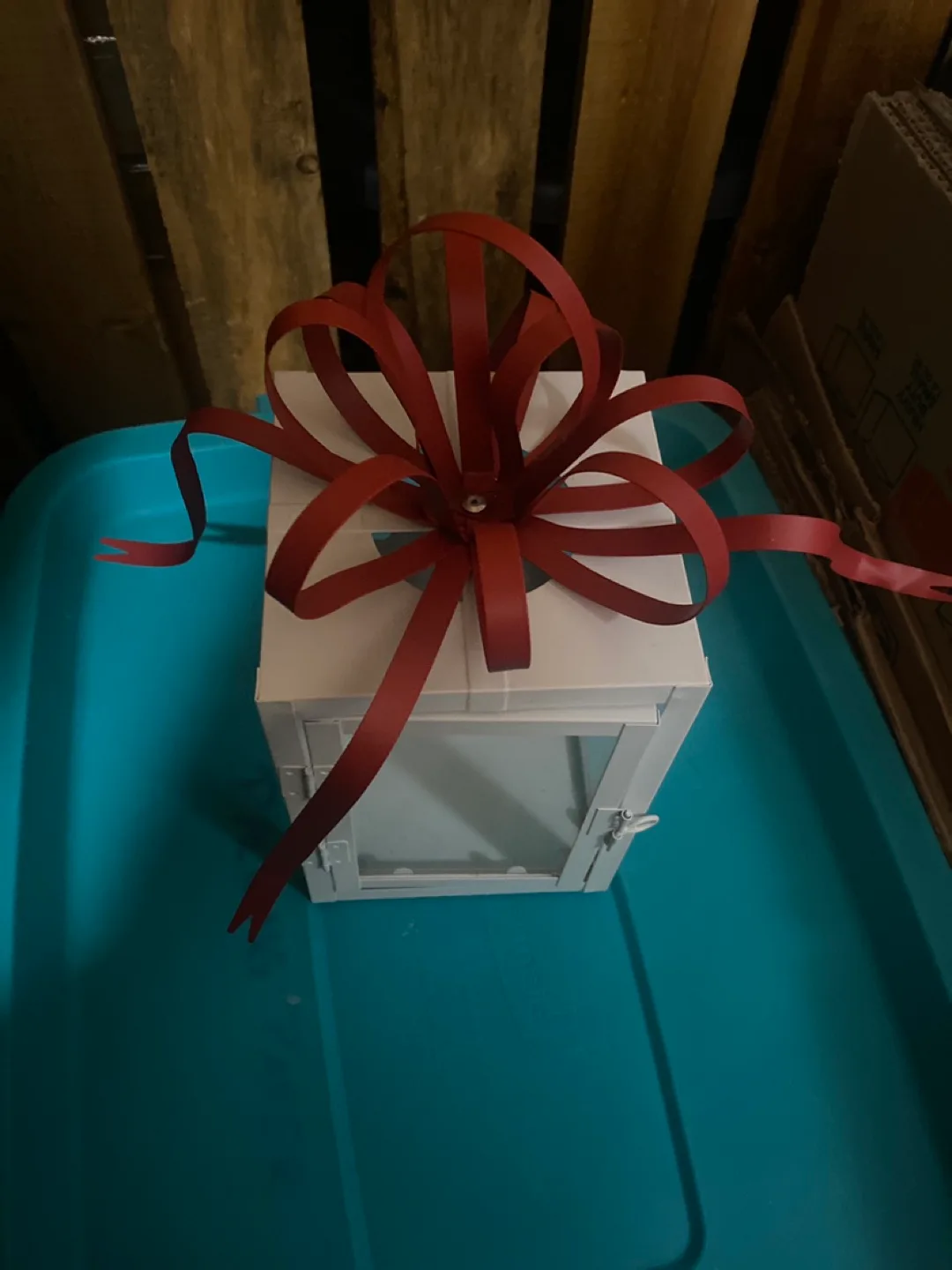 White Metal Lantern with Red Ribbon thumbnail
