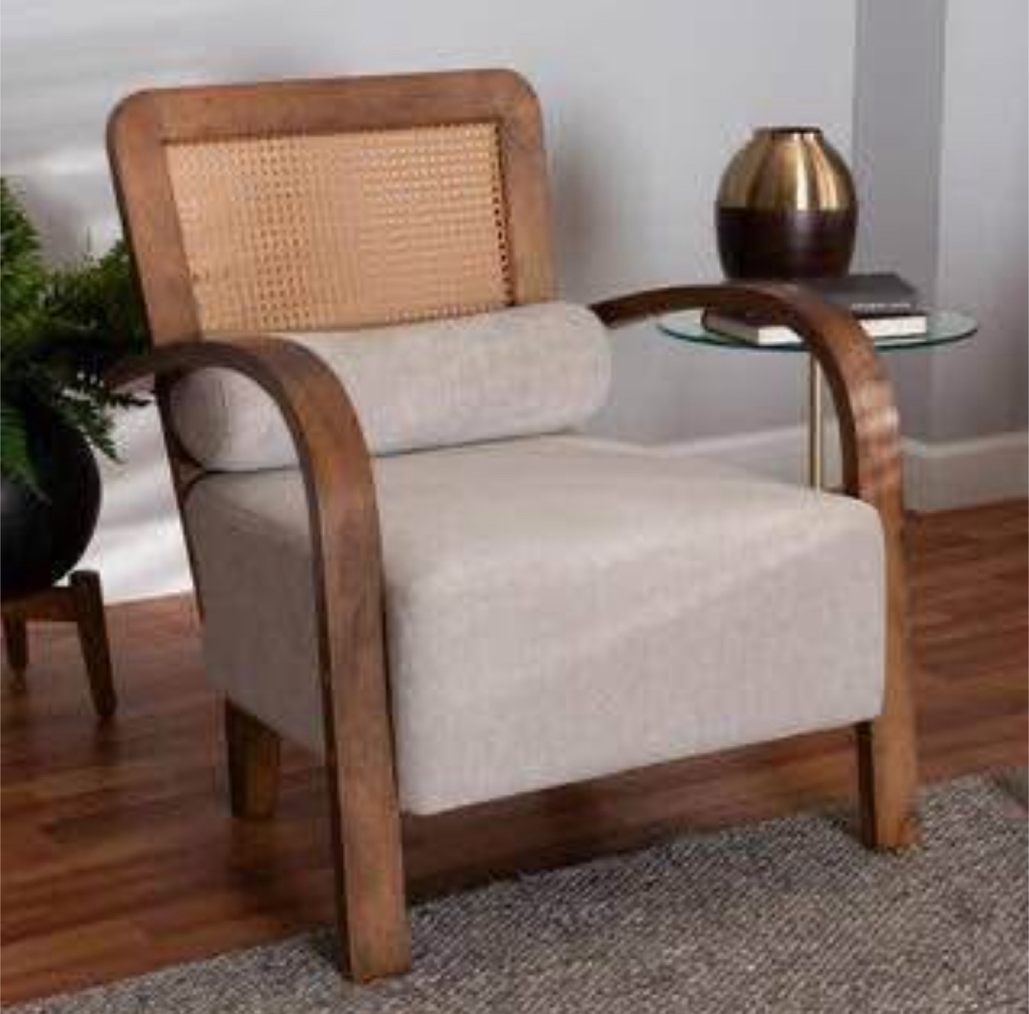 New Japandi Scandinavian Boho Beige and Walnut Brown Armchair - photo 2