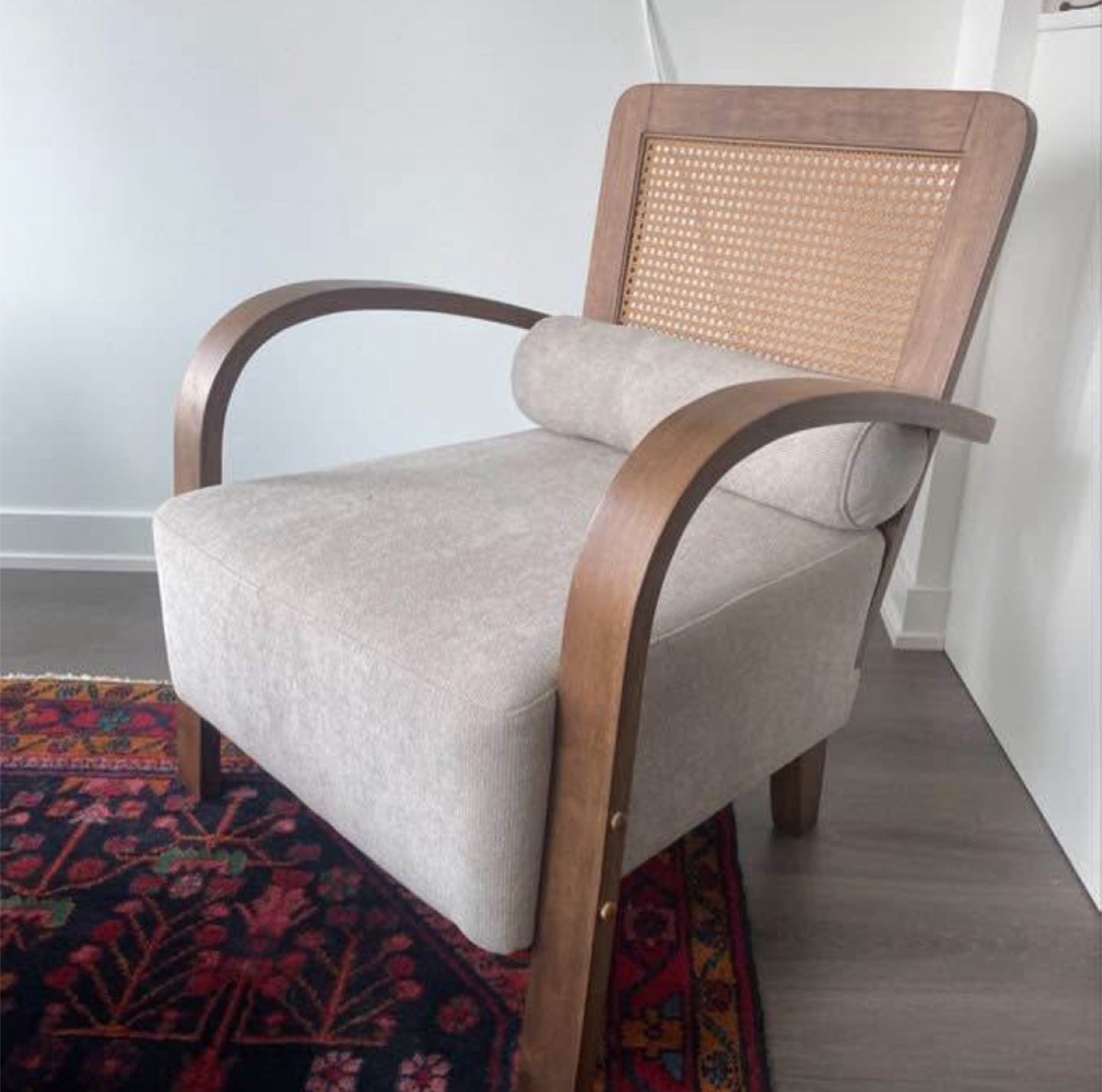 New Japandi Scandinavian Boho Beige and Walnut Brown Armchair