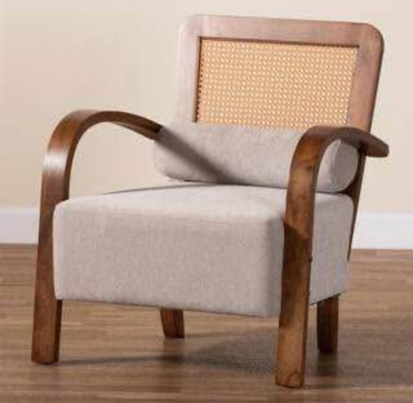 New Japandi Scandinavian Boho Beige and Walnut Brown Armchair - photo 4
