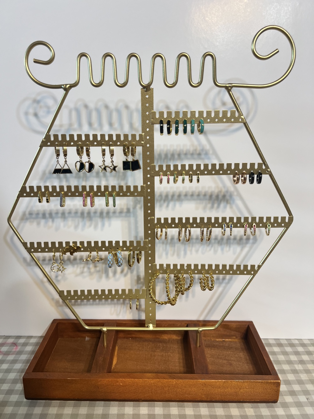 2 x Collapsable Earring Display Stand - Gold Metal & Wooden Base - photo 4