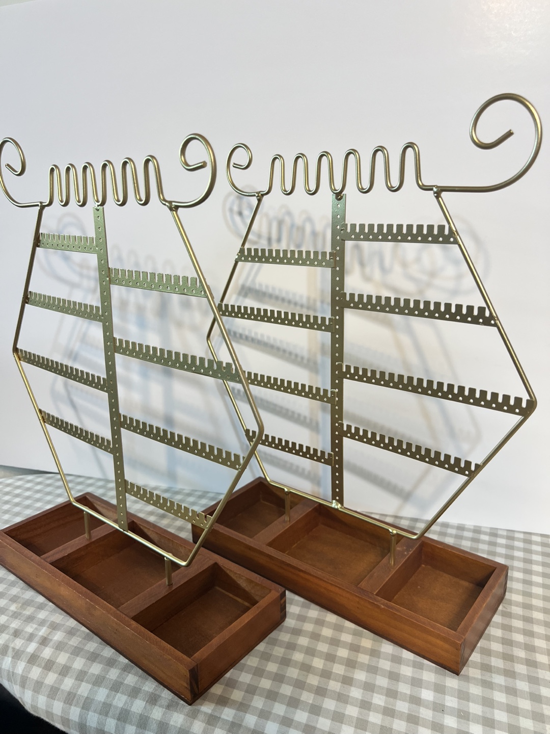 2 x Collapsable Earring Display Stand - Gold Metal & Wooden Base