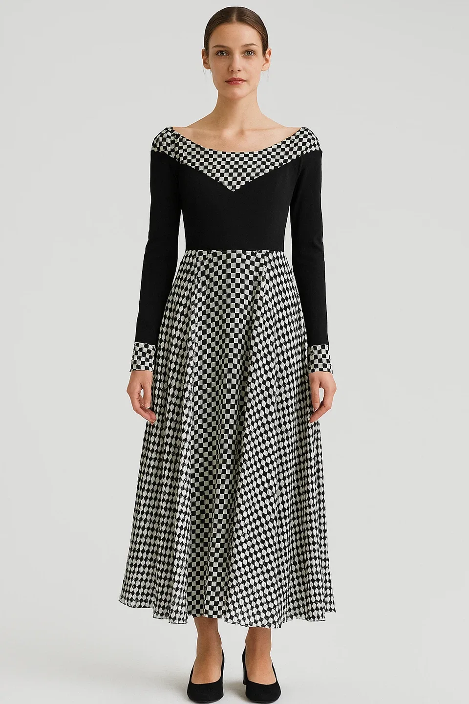 Checkered Midi Dress - Black & White thumbnail