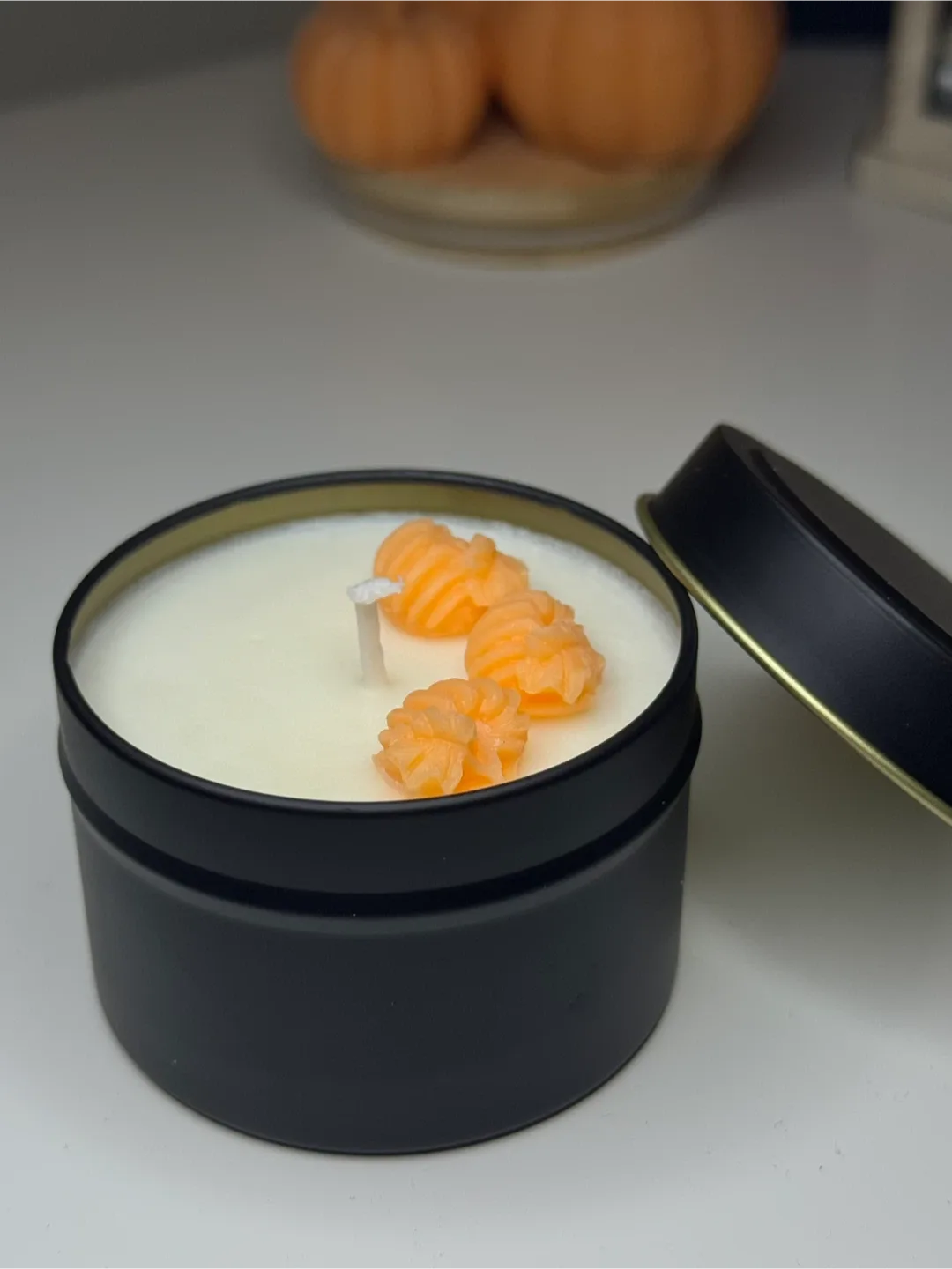 Pumpkin Soy Candle in Black Tin – Handmade Autumn Decor thumbnail