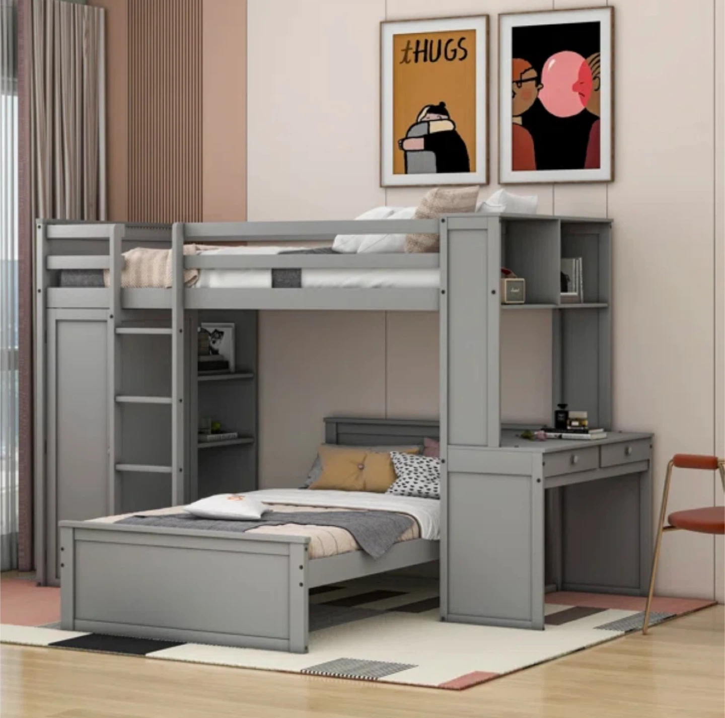 Grey Twin Size Bunk Bed with Desk - photo 2