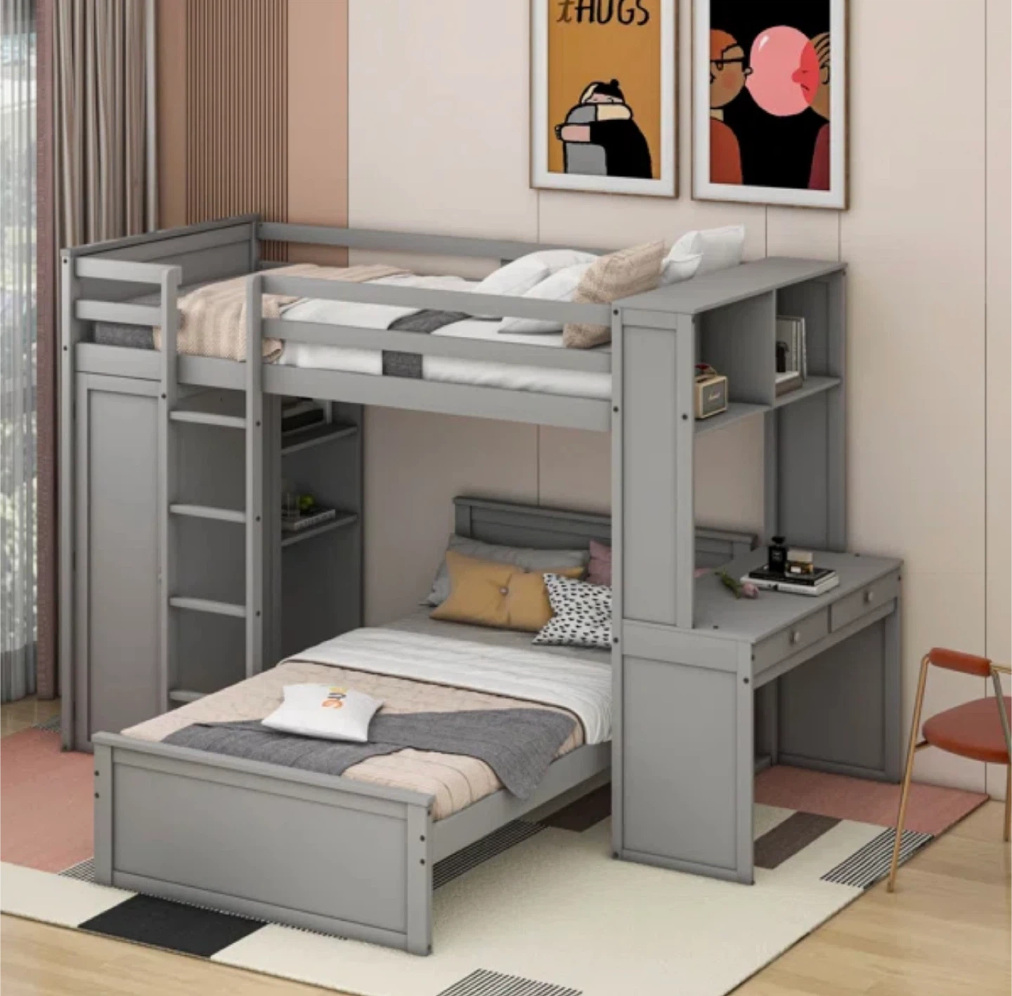 Grey Twin Size Bunk Bed with Desk