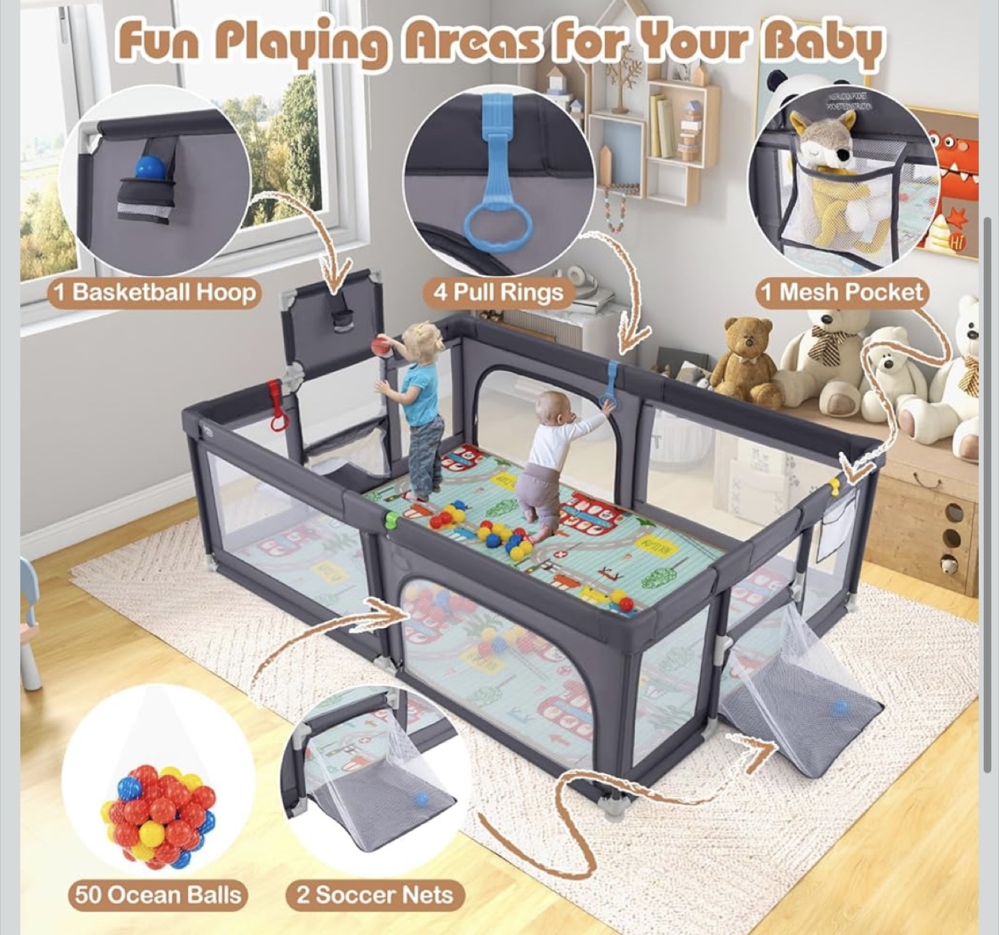 Costzon Large Baby Playpen w/ Mat, Dark Gray - photo 2