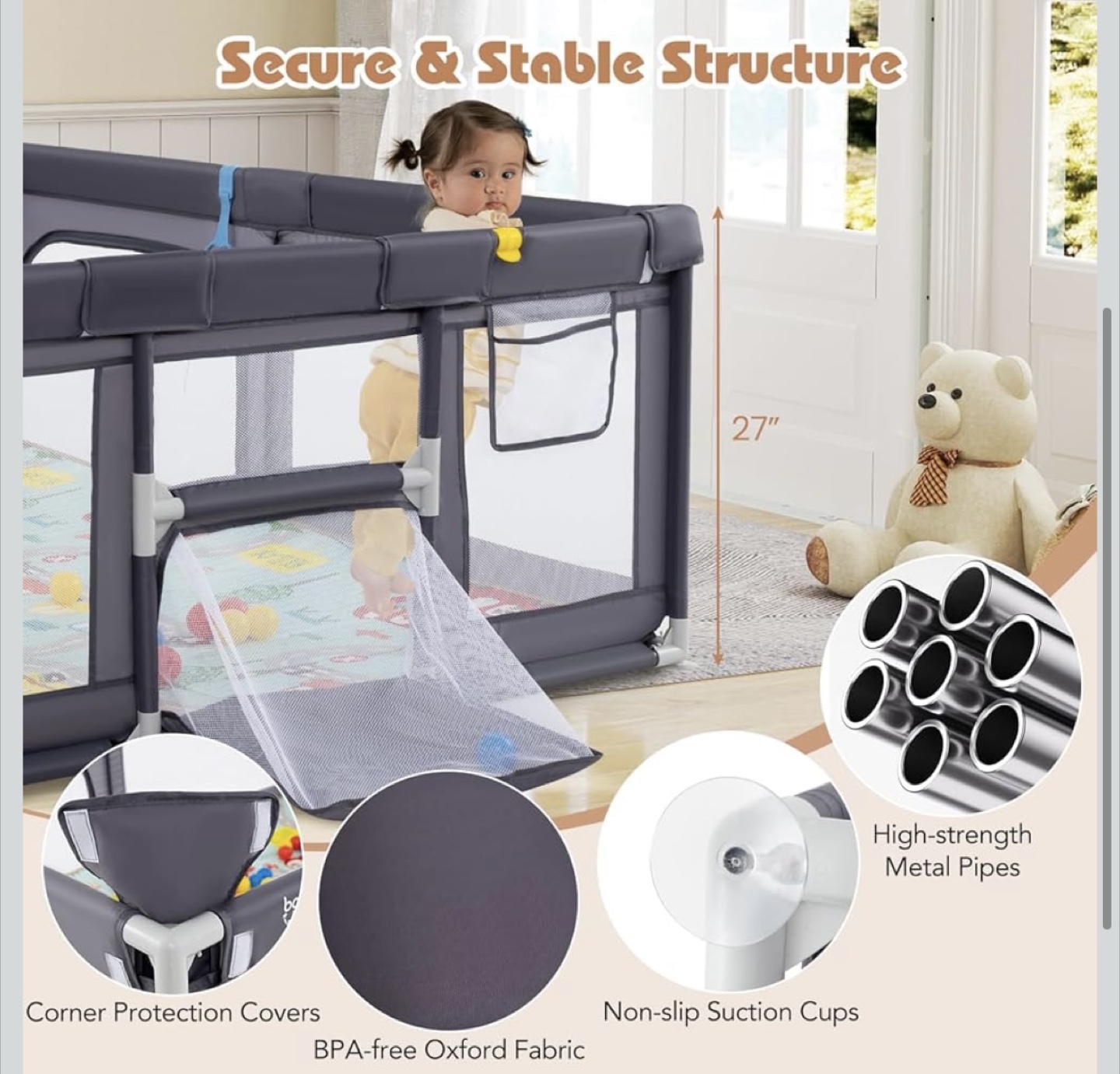 Costzon Large Baby Playpen w/ Mat, Dark Gray - photo 3