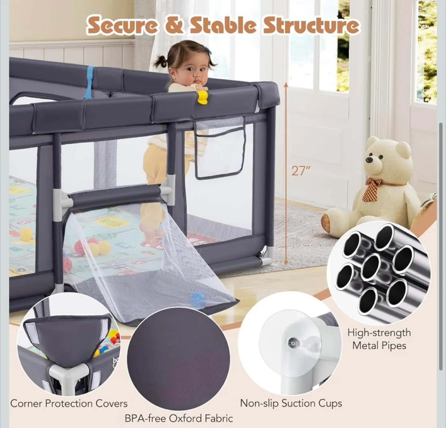 Costzon Large Baby Playpen w/ Mat, Dark Gray image indicator(3)