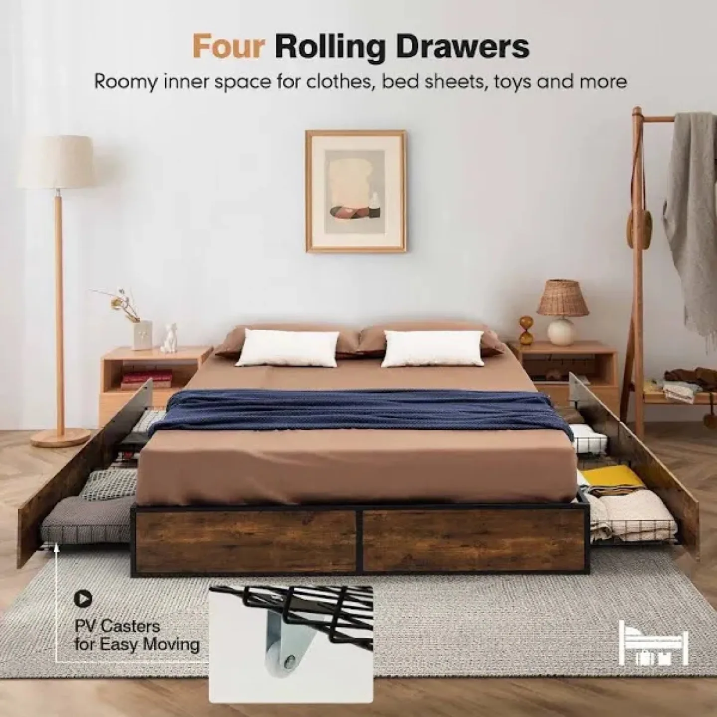 Queen Size Bed Frame with Rolling Drawers image indicator(5)