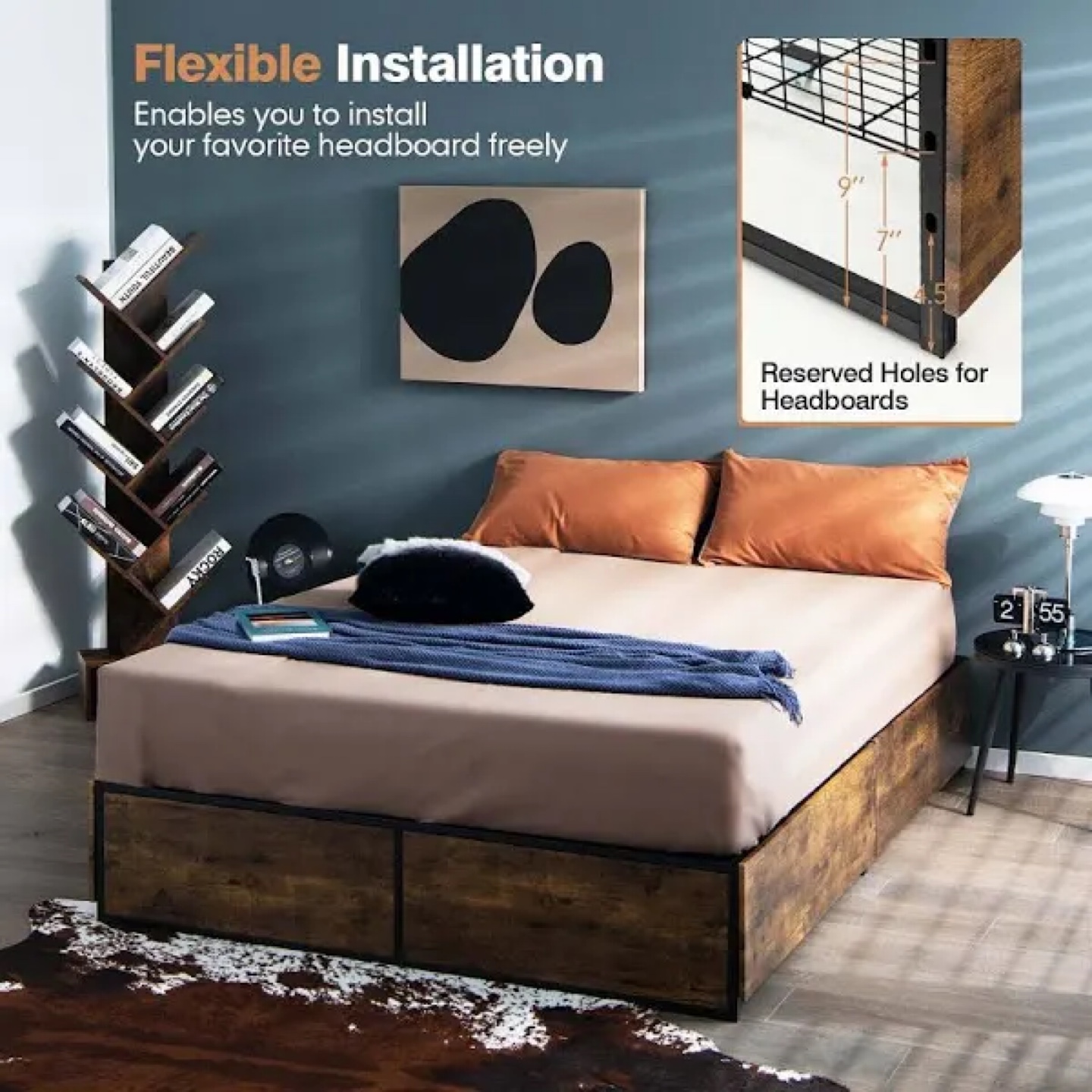 Queen Size Bed Frame with Rolling Drawers