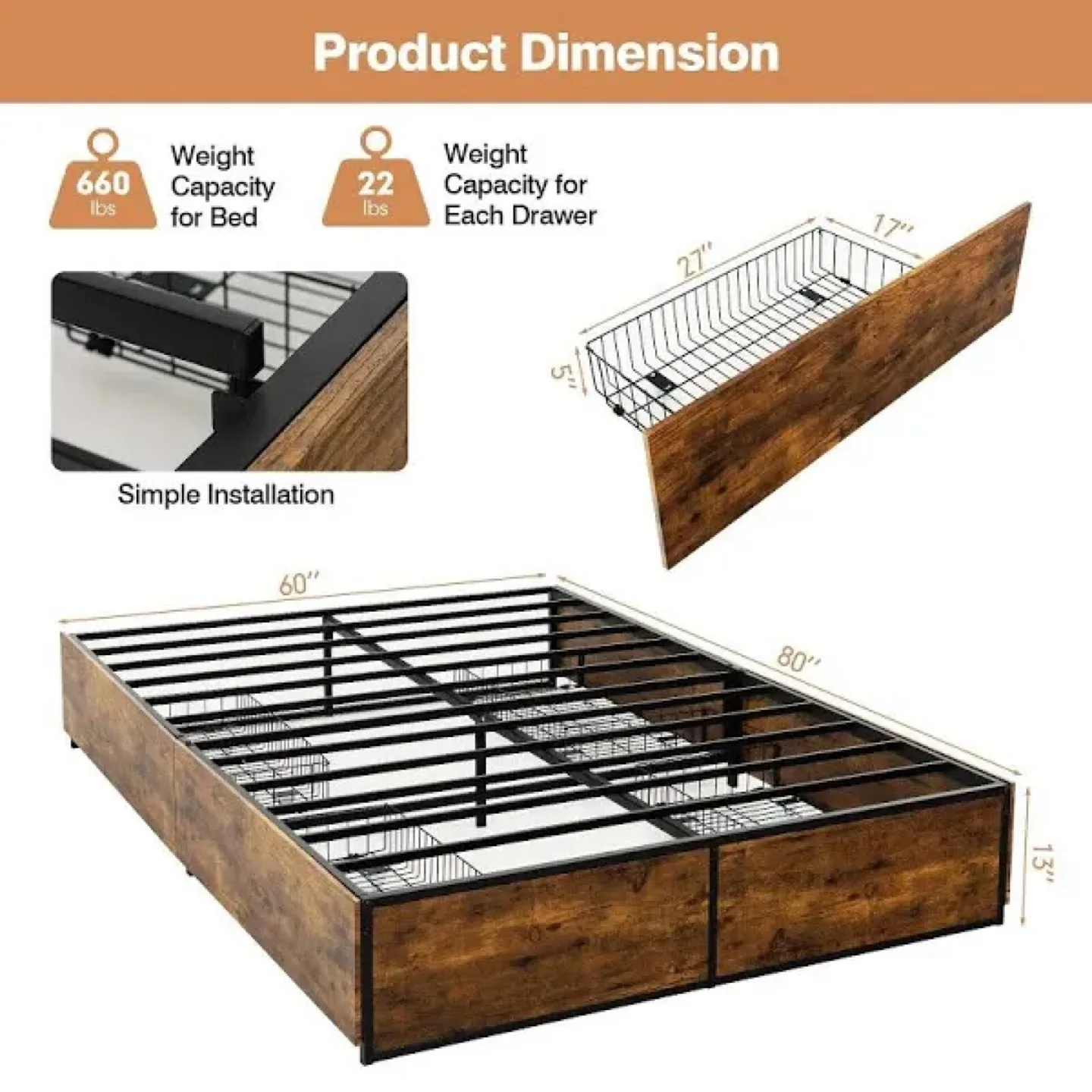 Queen Size Bed Frame with Rolling Drawers image indicator(2)