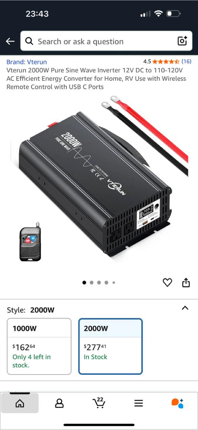 Vterun 2000W Pure Sine Wave Inverter 12V DC → 110V AC