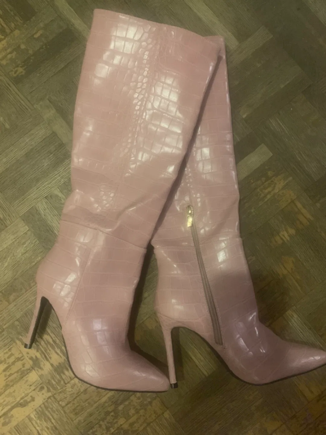 Pink Guess Croc Over-the-Knee Heeled Boots thumbnail