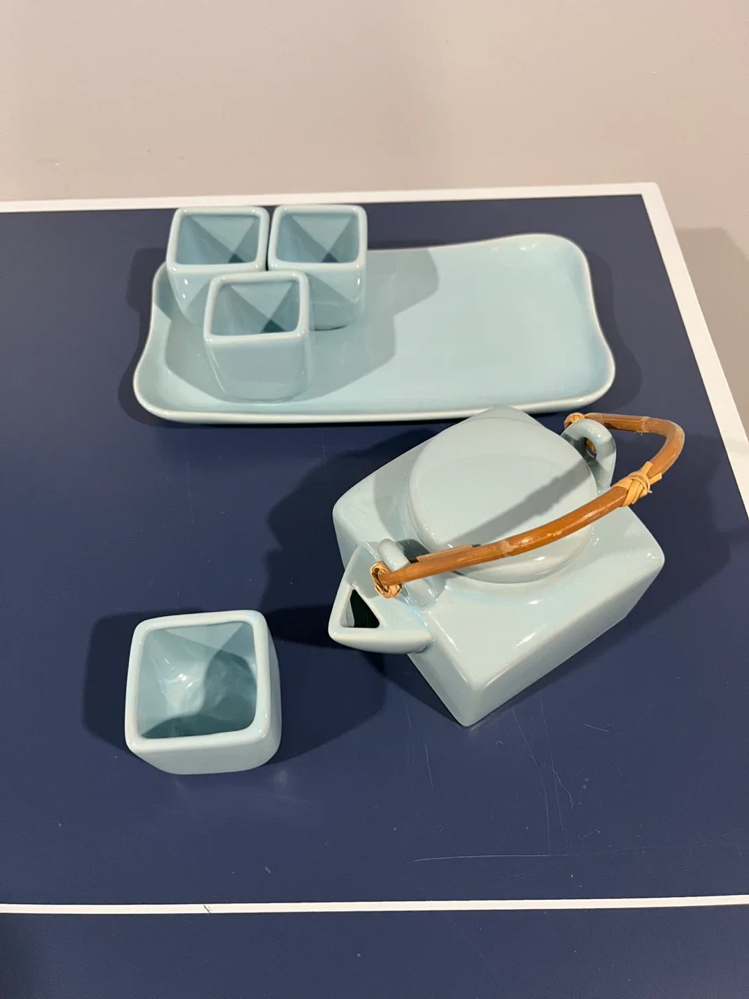 Light Blue Ceramic Tea Set - Teapot, Tray & 4 Cups thumbnail