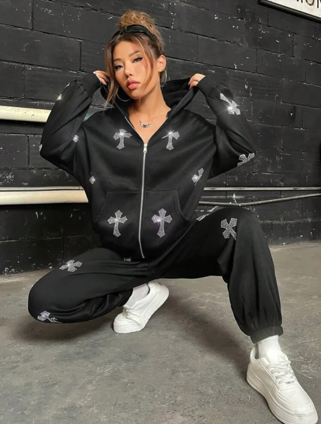 Black Rhinestone Cross Zip-Up Hoodie & Sweatpants Set thumbnail