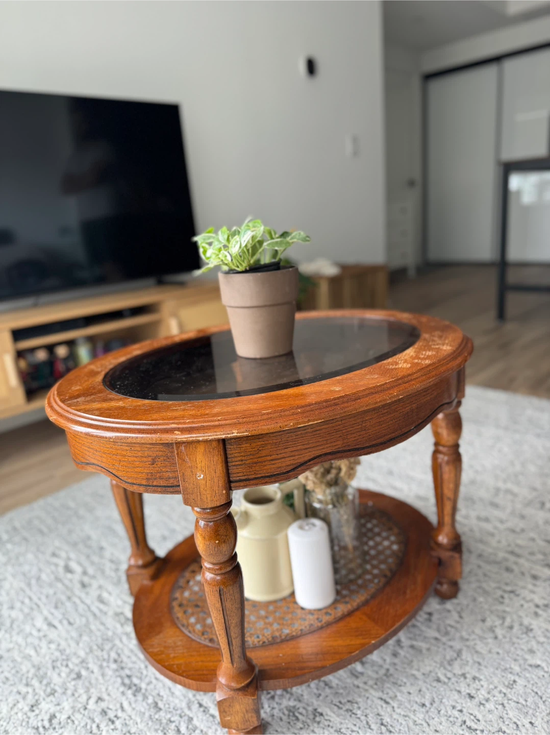 Oval Wooden Side Table with Glass Top