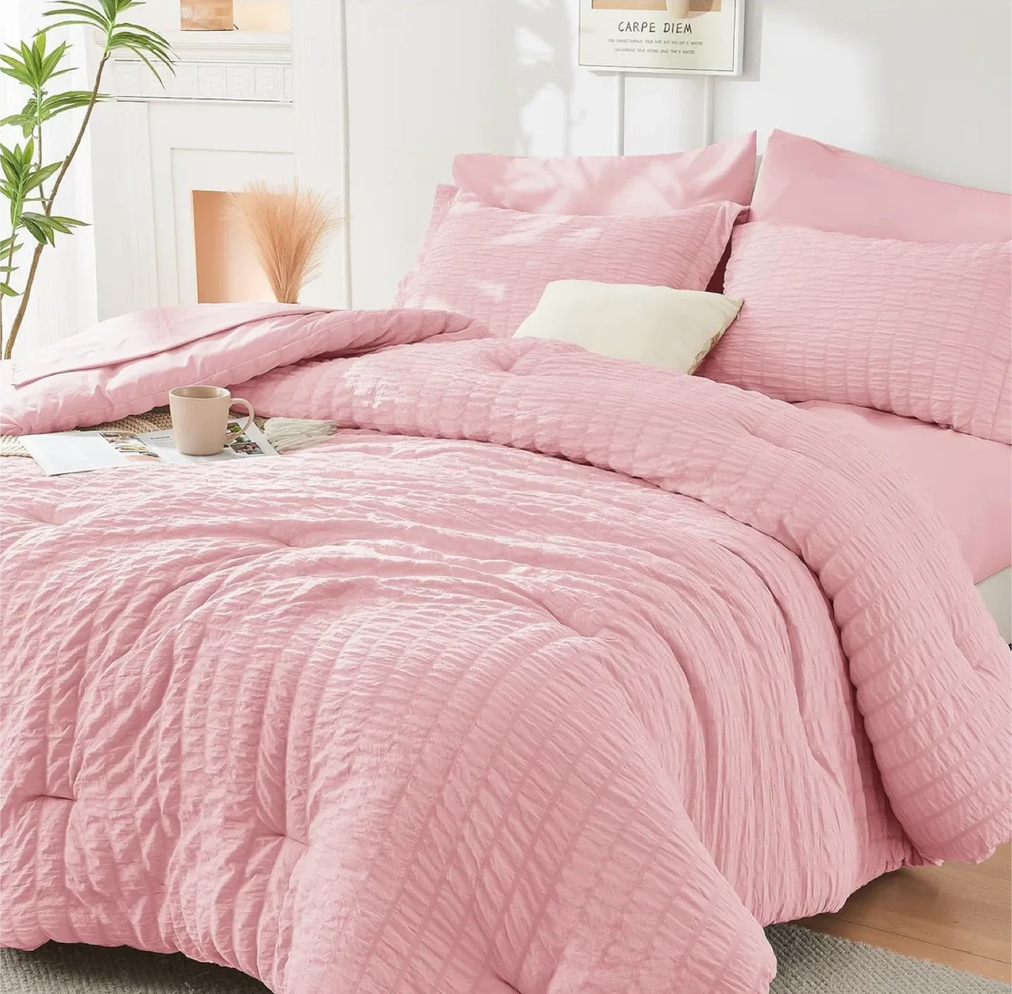 Queen Pink Seersucker Comforter Set - New thumbnail