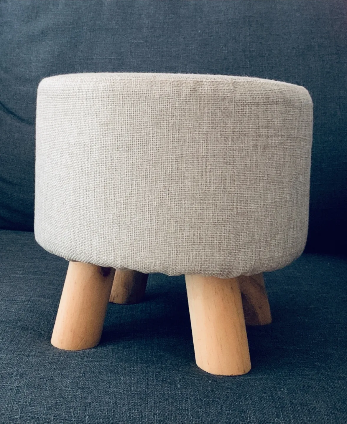Beige Round Foot Stool with Wooden Legs thumbnail