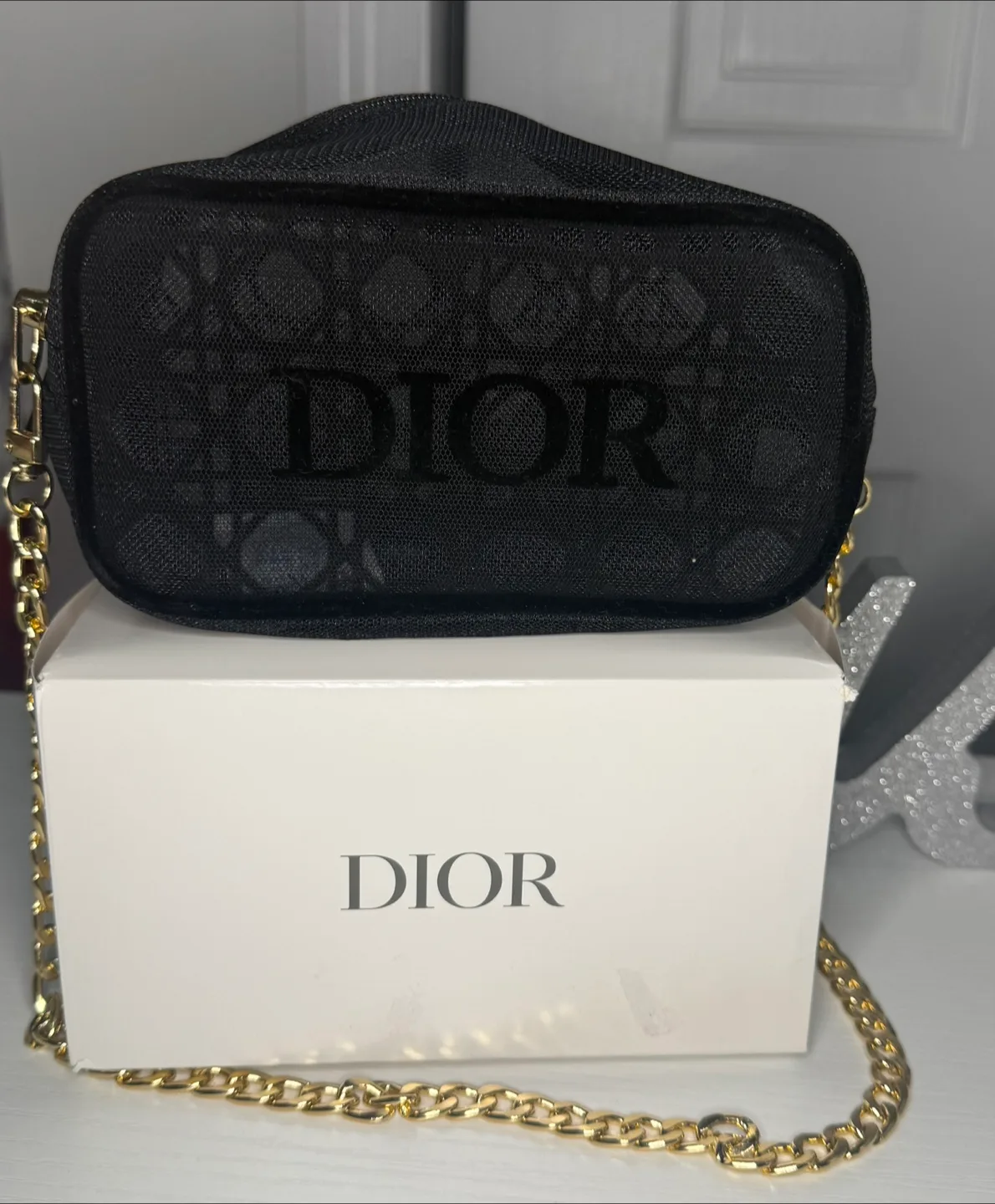 Dior GWP Black Mesh Pouch with Gold Chain and box
