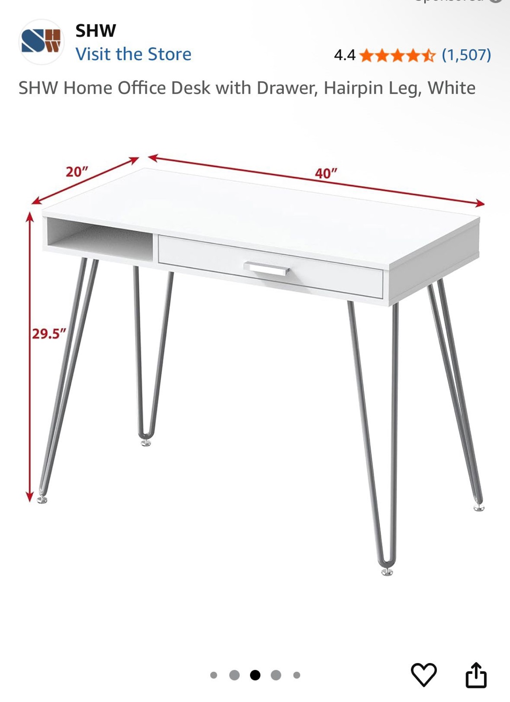 SHW White Home Office Desk with Drawer